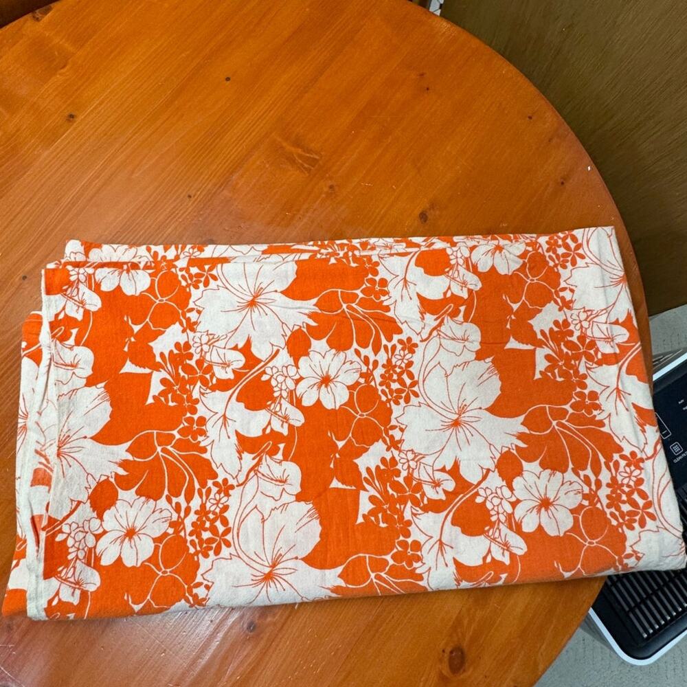 Vintage Orange and White Cotton Floral Bed Spread or Table Cloth